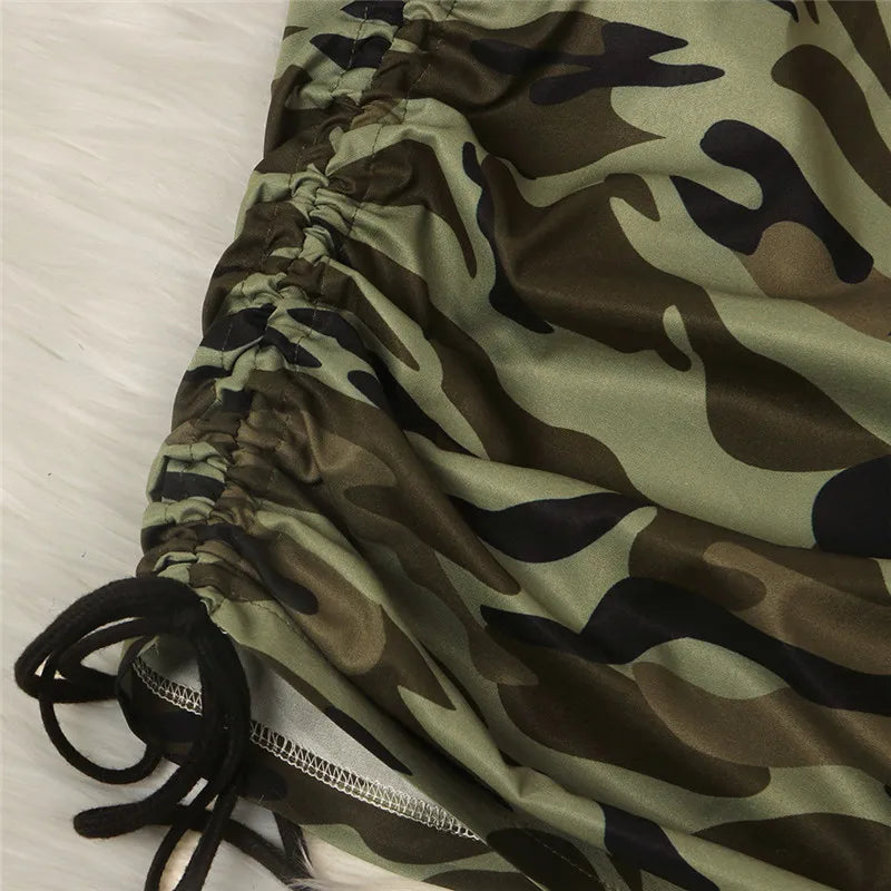 Camouflage Draw String Ruched Long Skirt