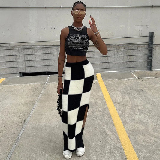 Checkmate Black and White Checkerboard Knitted Skirt