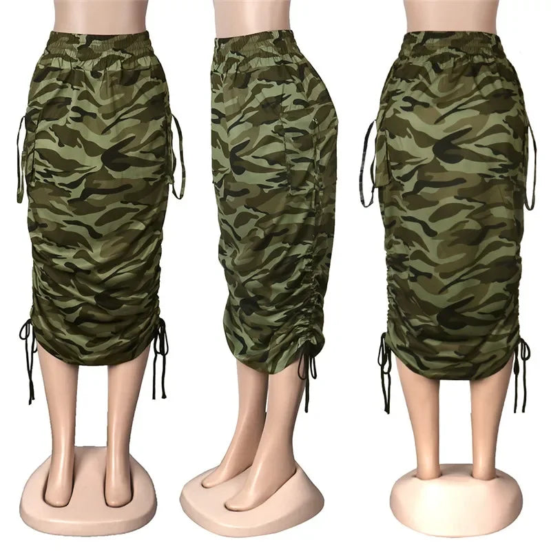 Camouflage Draw String Ruched Long Skirt