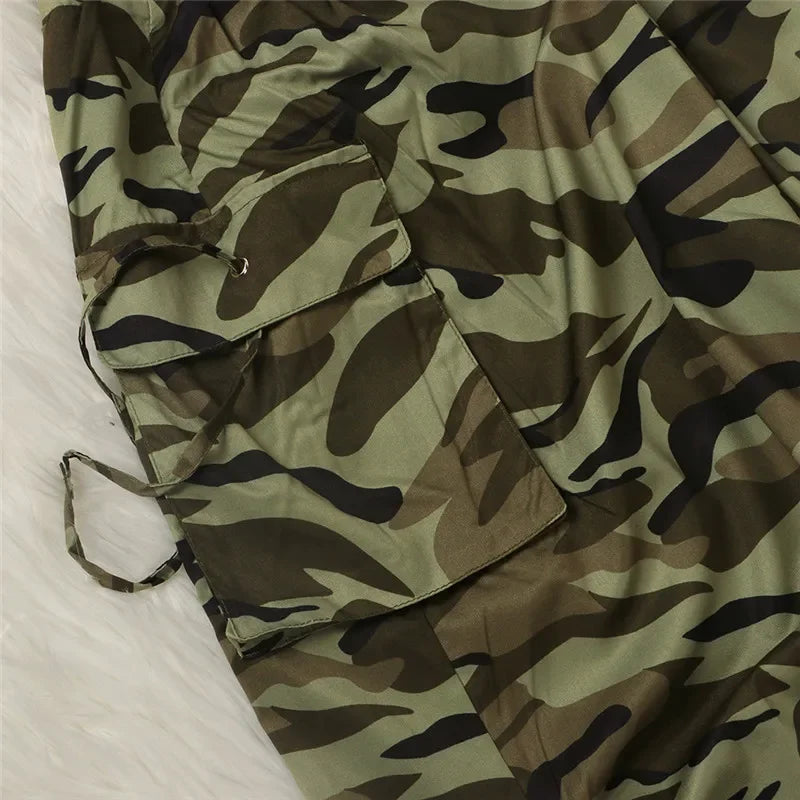 Camouflage Draw String Ruched Long Skirt