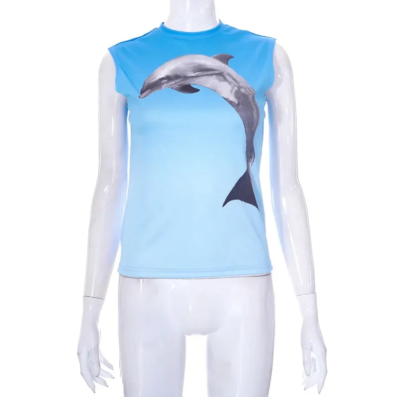 Dolphin Print Blue Graphic Tee Shirt