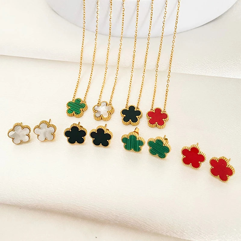 Blossom Five Leaf Flower Necklace + Earrings + Bracelet Set